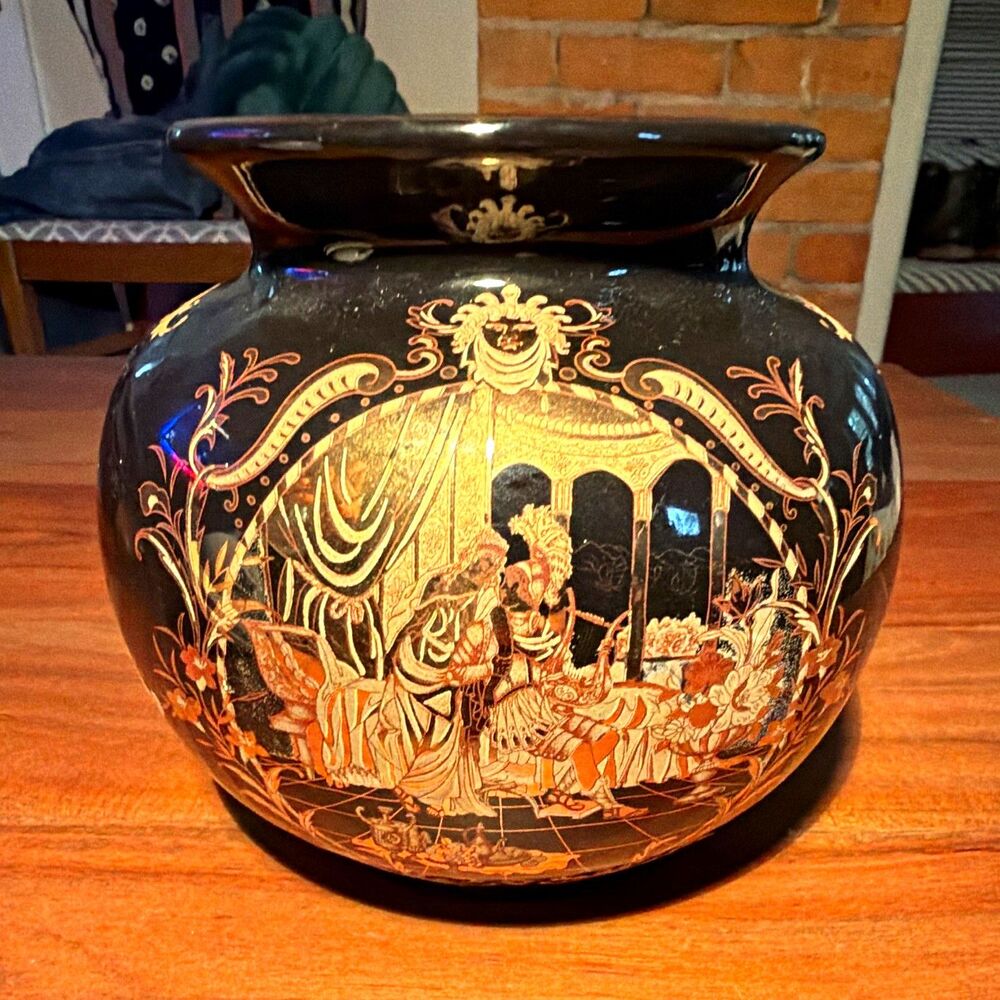 Limoges Black & Gold Porcelain Decorative Urn-Style Vase People Scene
